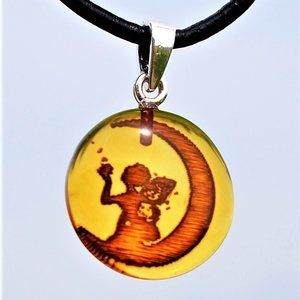 Baltic Amber Intaglio Fairy on the Moon Pendant